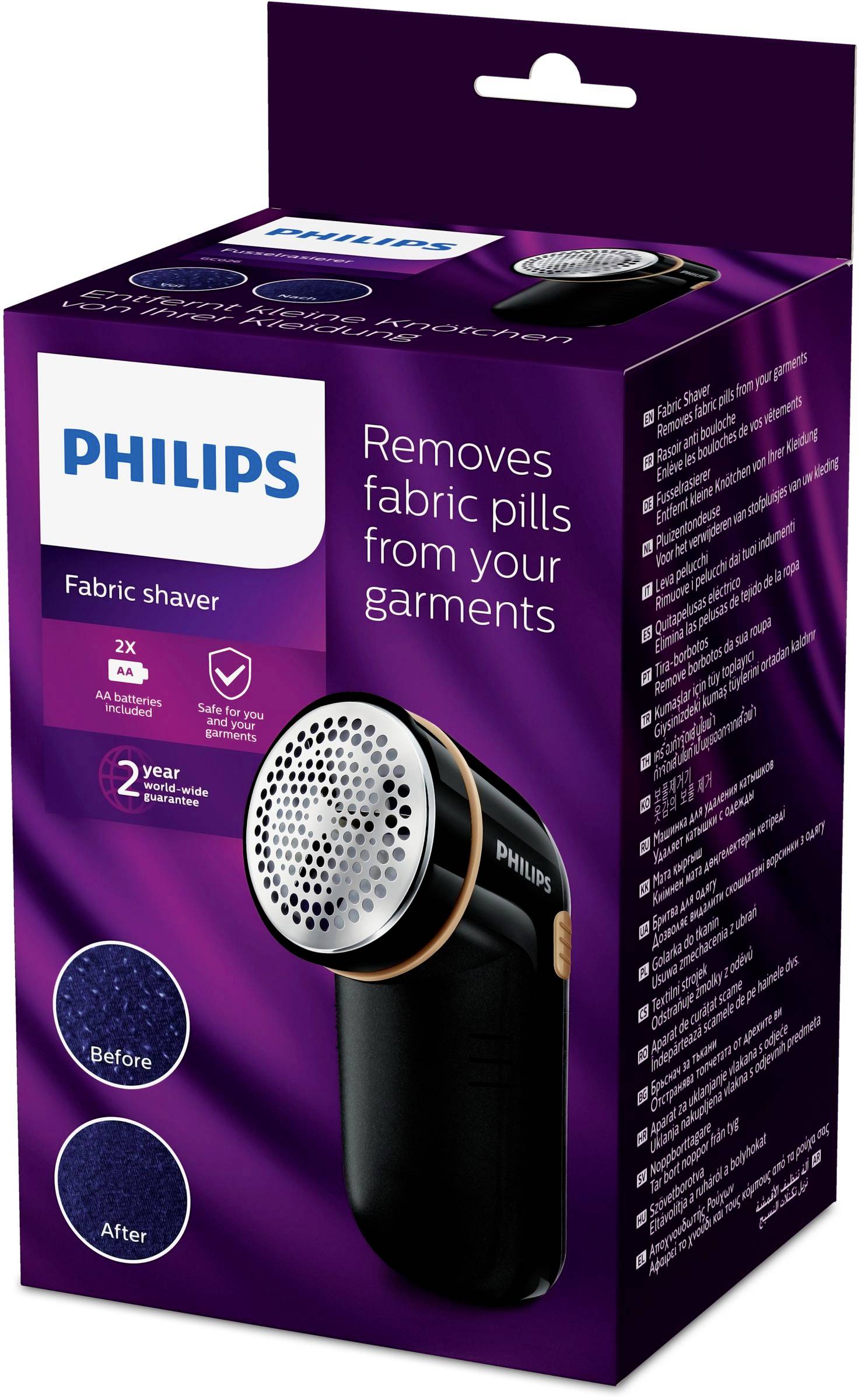 Balení odstraňovače textilních žmolků značky Philips. Obsahuje vlastnosti produktu a informace o záruce.