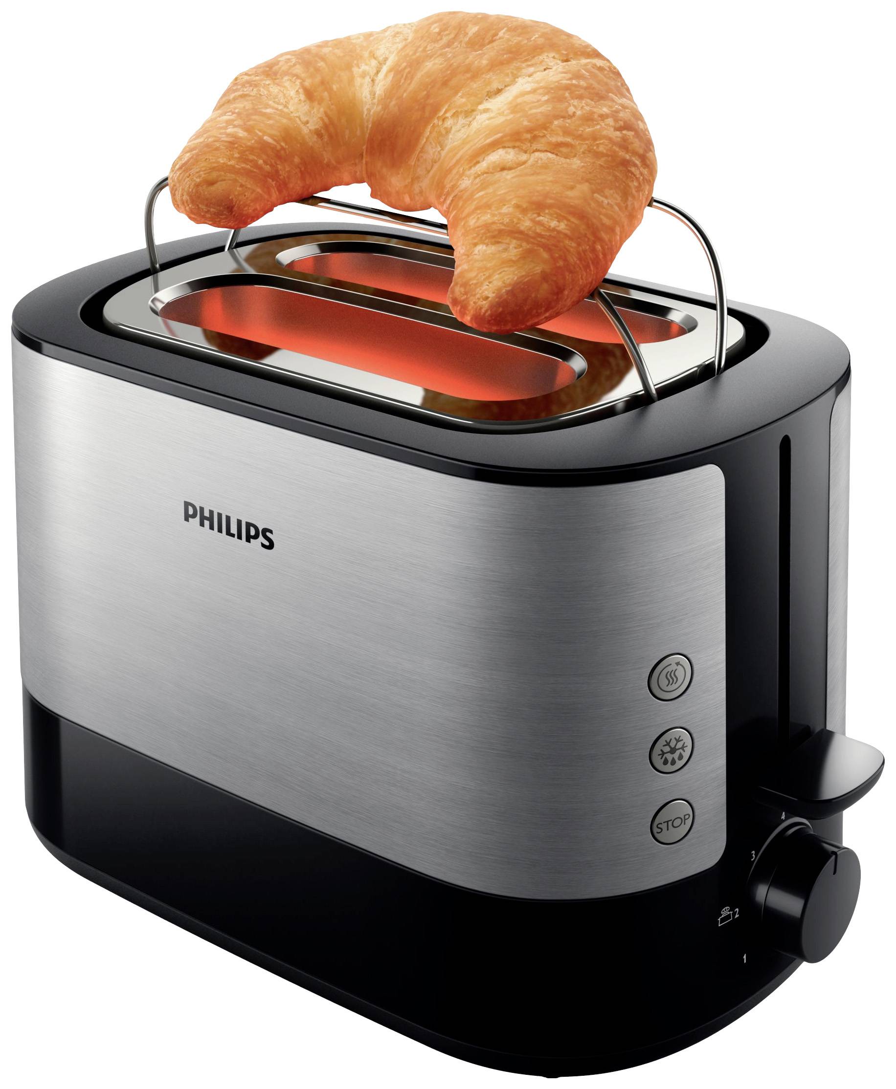 Nerezový toaster od Philips s integrovaným nástavcem, na kterém je croissant. Ovládací tlačítka jsou umístěna po straně.