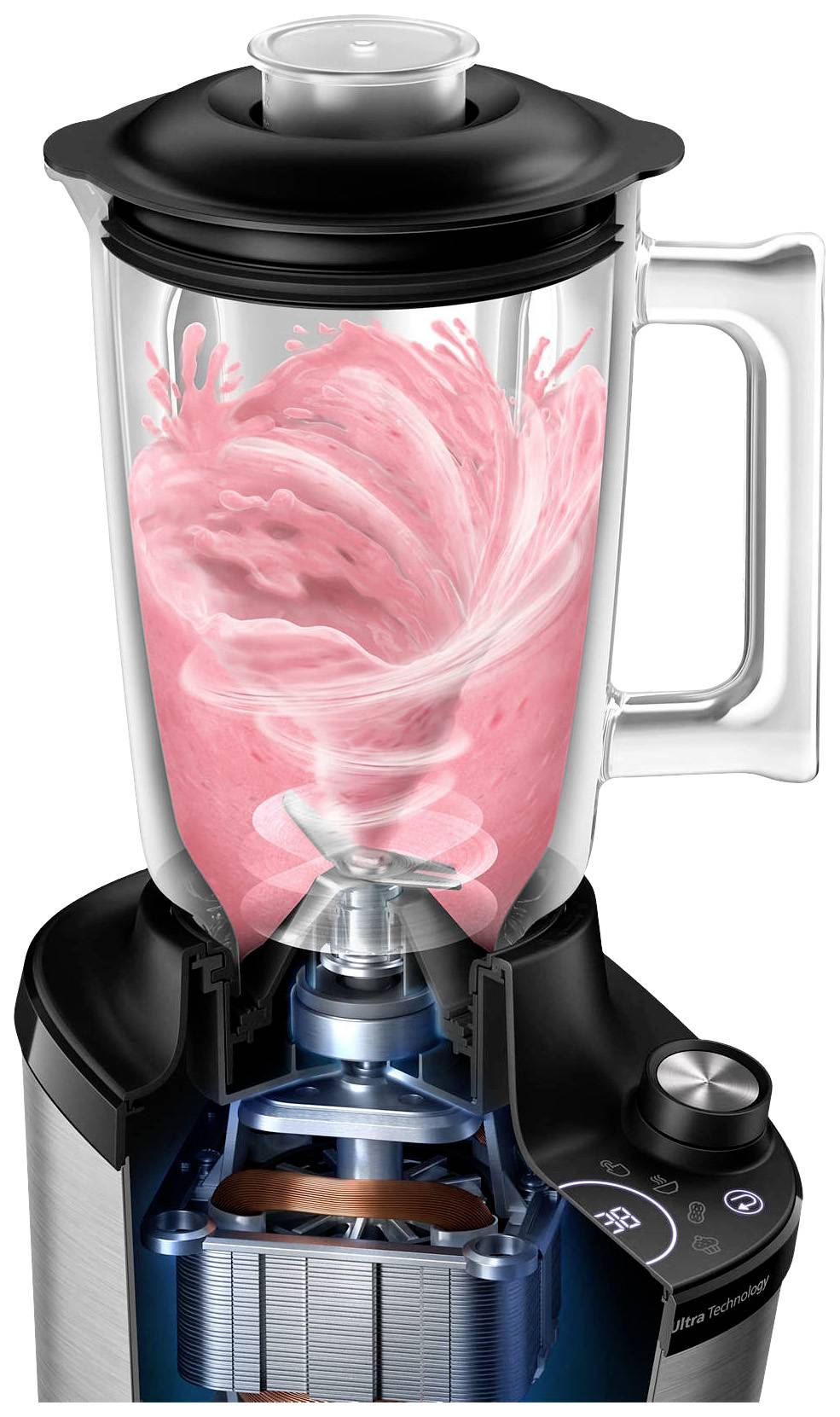 Průhledný mixér ukazuje, jak je husté růžový smoothie míchán. Pohled navíc odhaluje motor uvnitř přístroje.