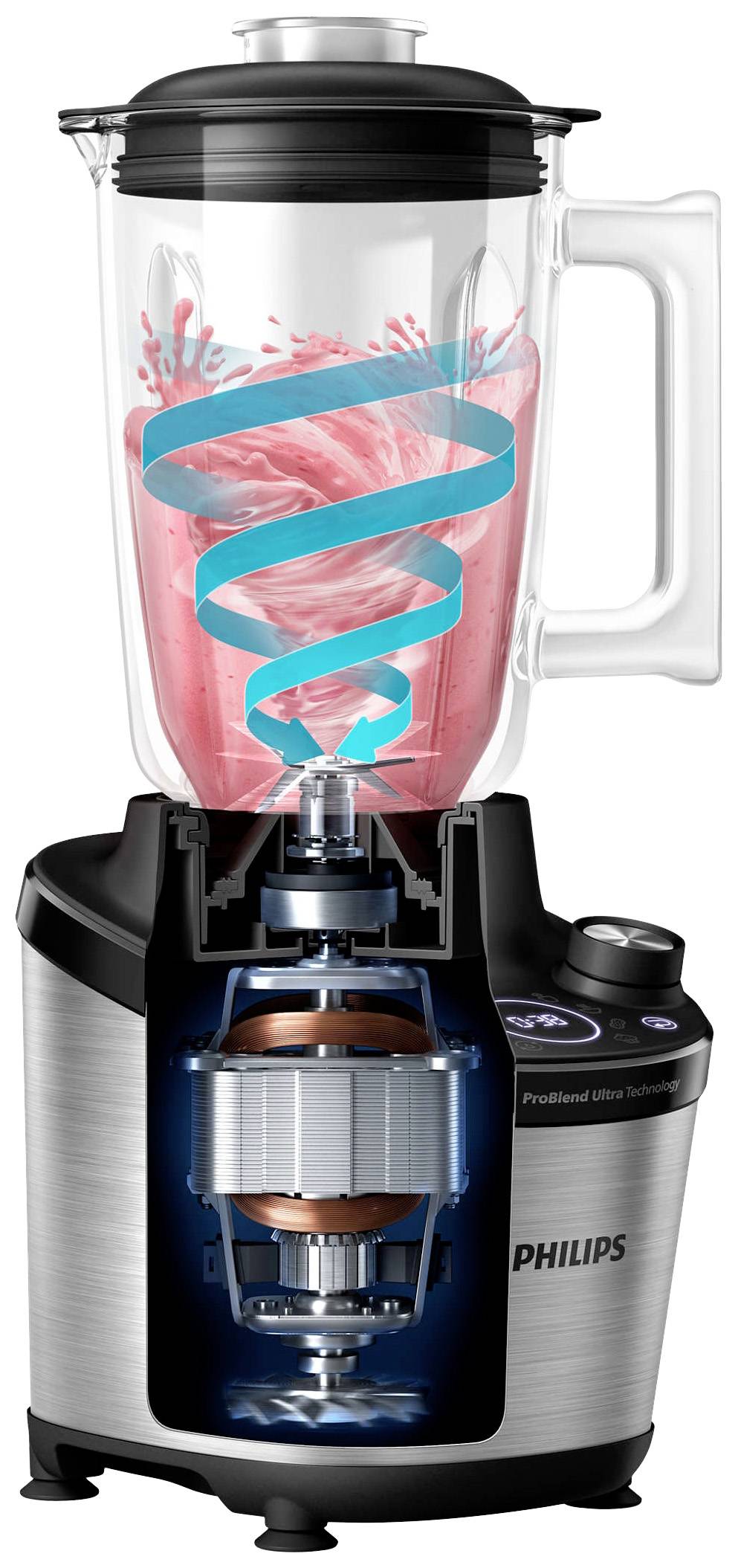 Mixér značky Philips s průhlednou nádobou ukazuje spirálovitý pohyb, který ilustruje proces míchání růžového nápoje.