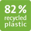 '82 % recyklovaného plastu' bílým textem na zeleném pozadí. Text informuje o podílu recyklovaného plastu.