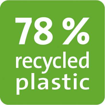 Zelený čtverec s bílým textem: '78 % recyklovaného plastu'