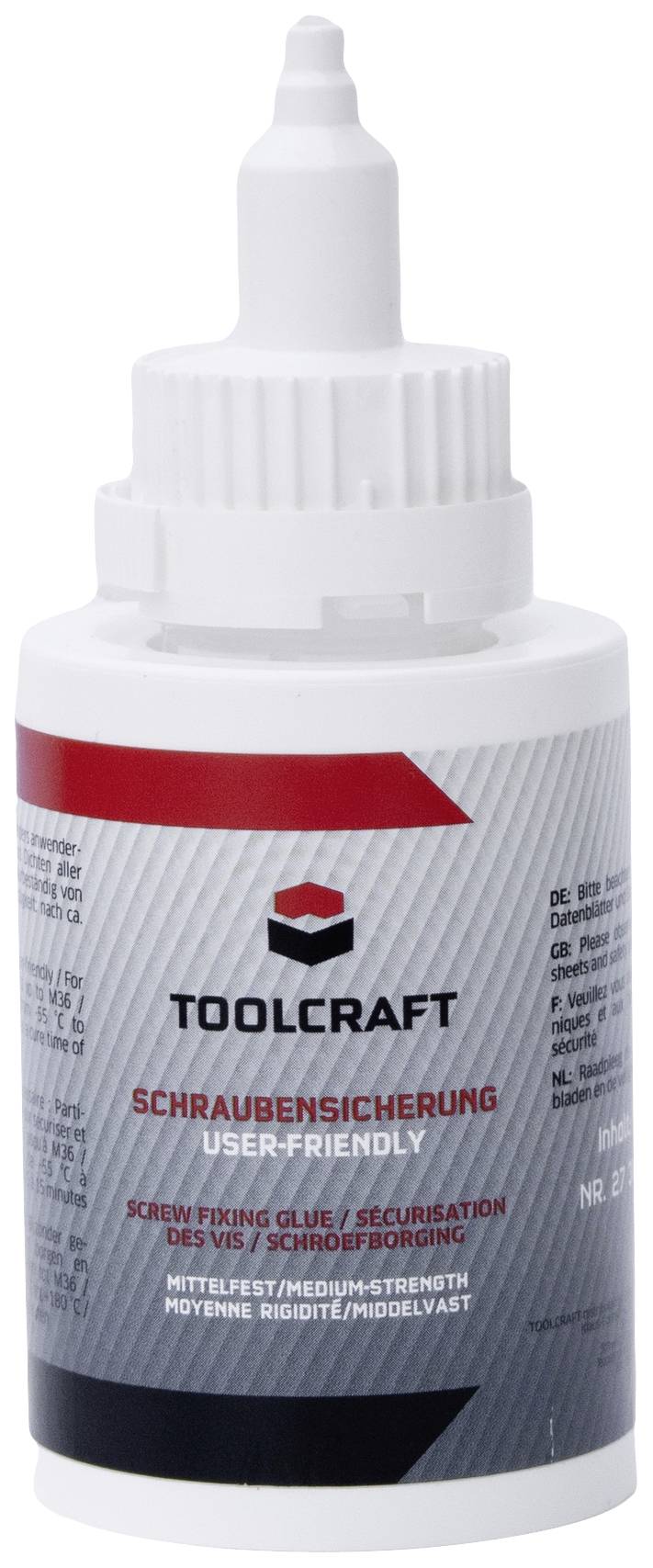 Láhev s lepidlem na zajištění šroubů od TOOLCRAFT. Označená "střední pevnost".