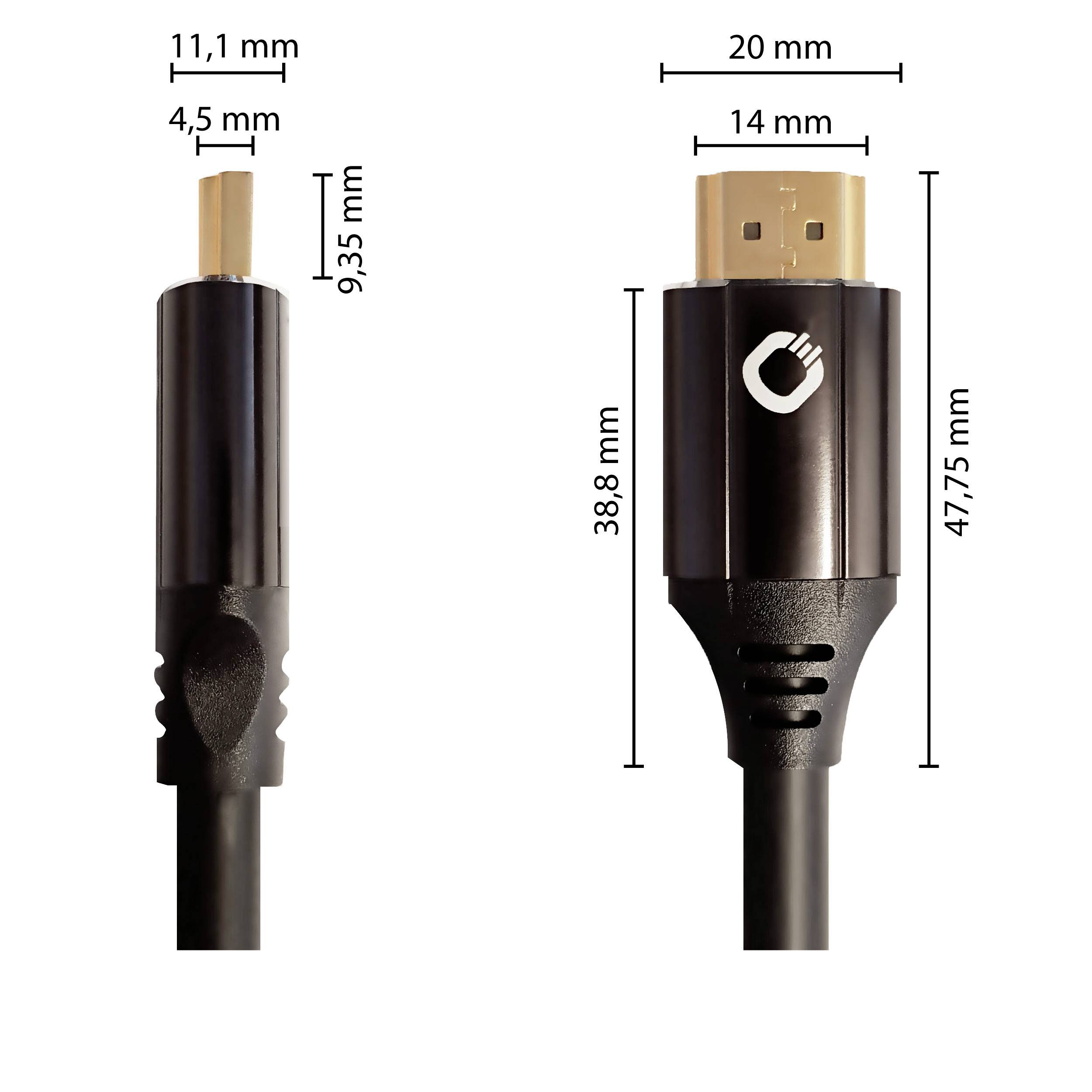 Obrázek zobrazuje rozměry dvou kabelových konektorů. Vlevo: 11,1 mm x 9,35 mm. Vpravo: 20 mm x 47,75 mm a 38,8 mm vysoký.