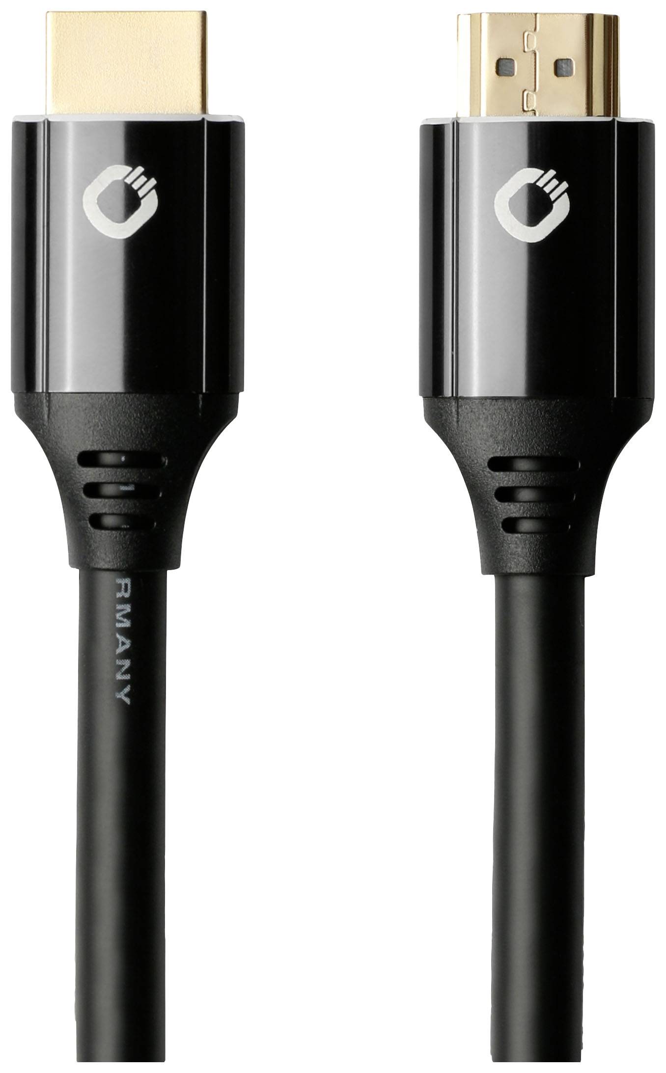 Černý HDMI kabel se zlatými konektory a stylizovaným logem na koncovkách, vhodný pro video a audio připojení.