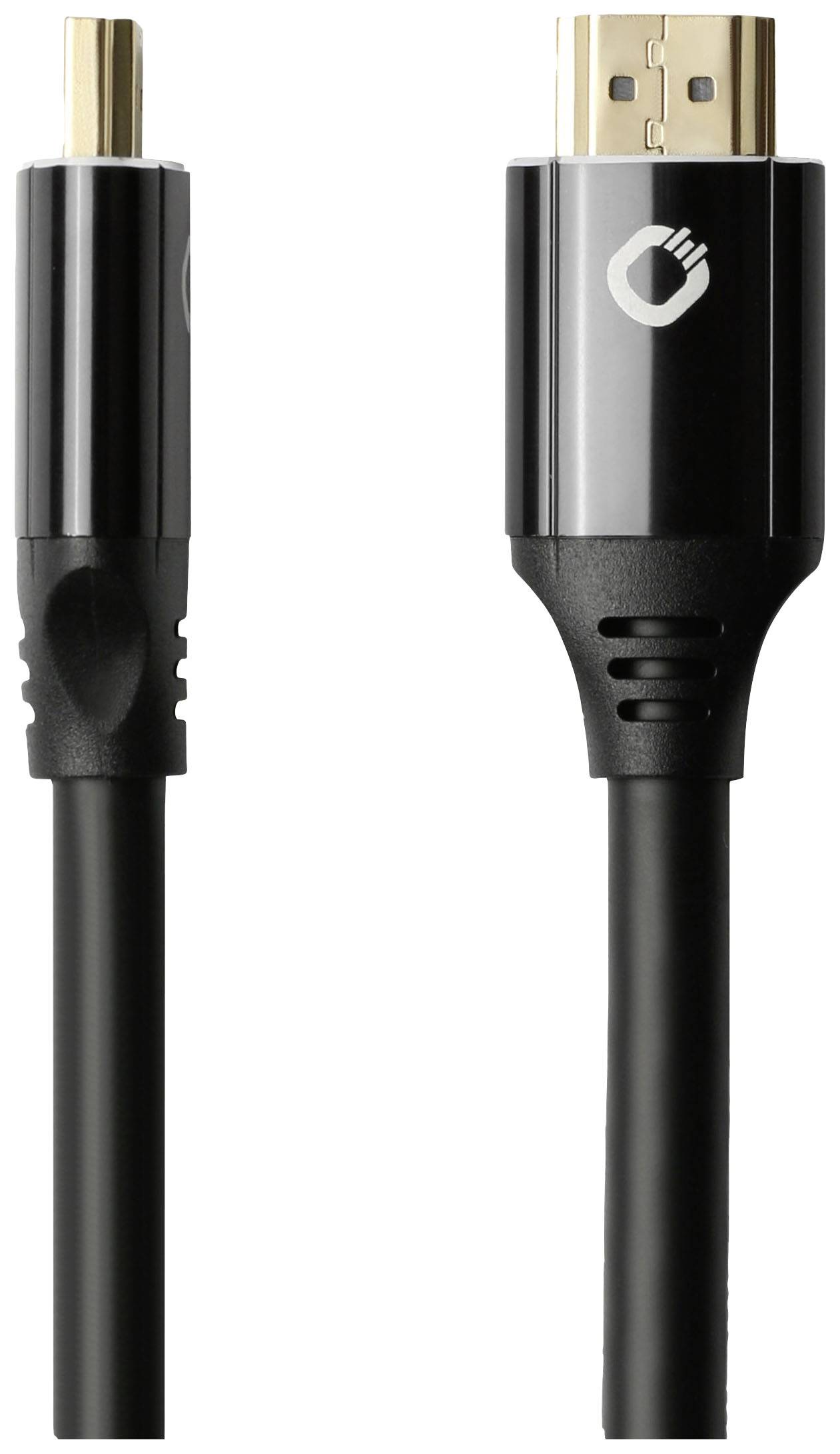 Černý HDMI kabel se standardním a mini konektorem, určený pro připojení zařízení jako jsou počítače nebo televize.