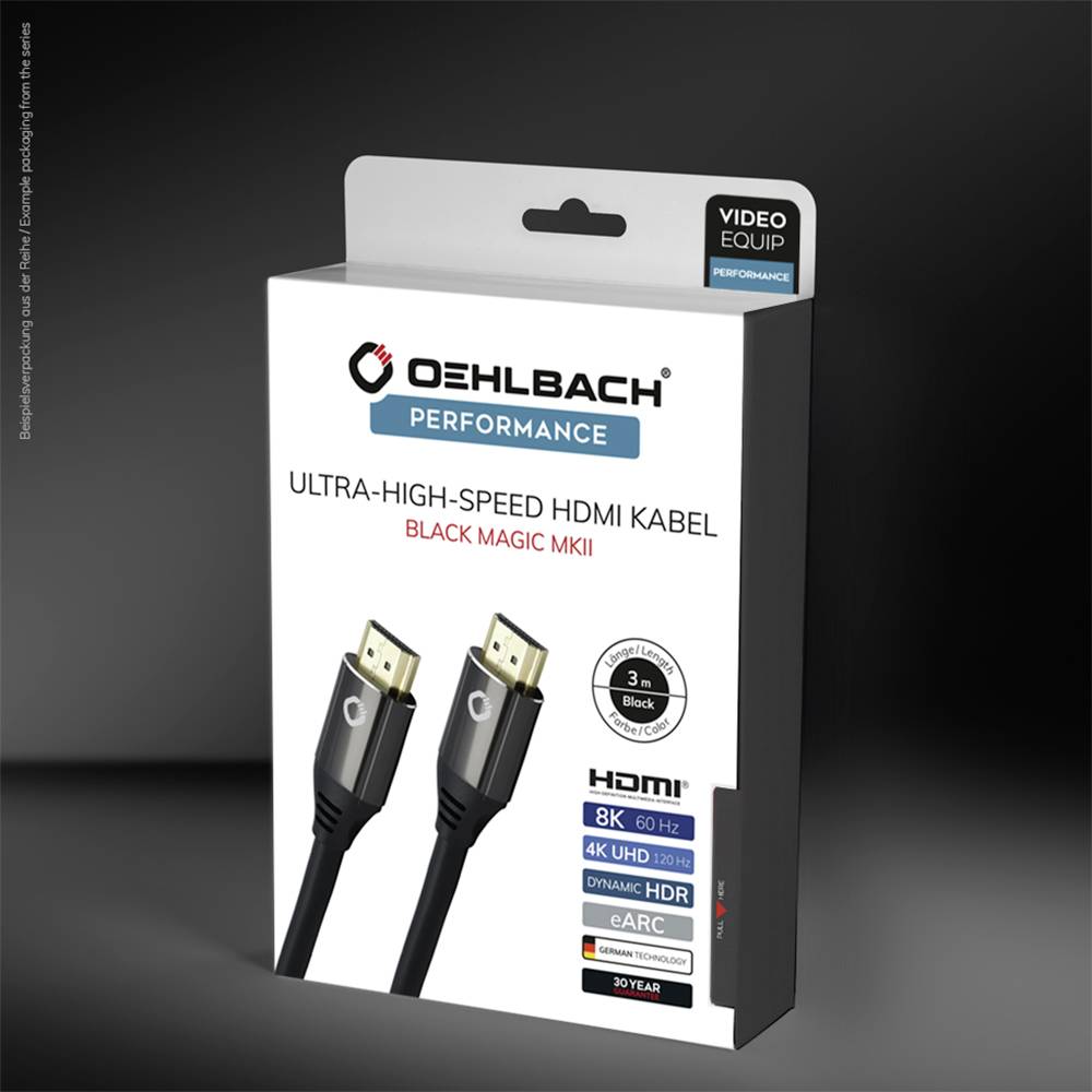 Balení ukazuje HDMI kabel značky Oehlbach s vlastnostmi Ultra-High-Speed, 8K, délkou 3 metrů a technologií eARC.