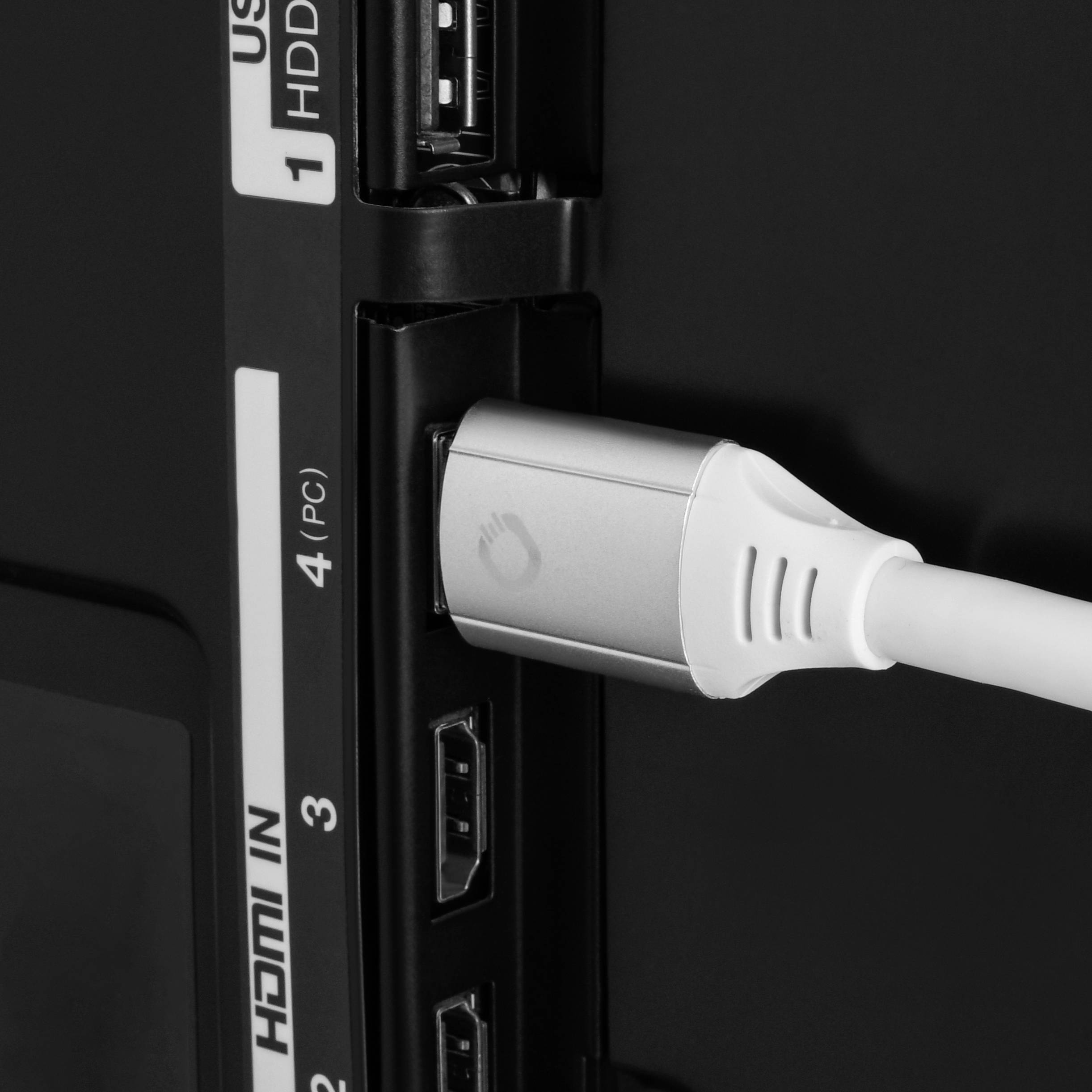 HDMI 1 a HDMI IN přípojky na zařízení, HDMI kabel je zapojen do čtvrtého vstupu.