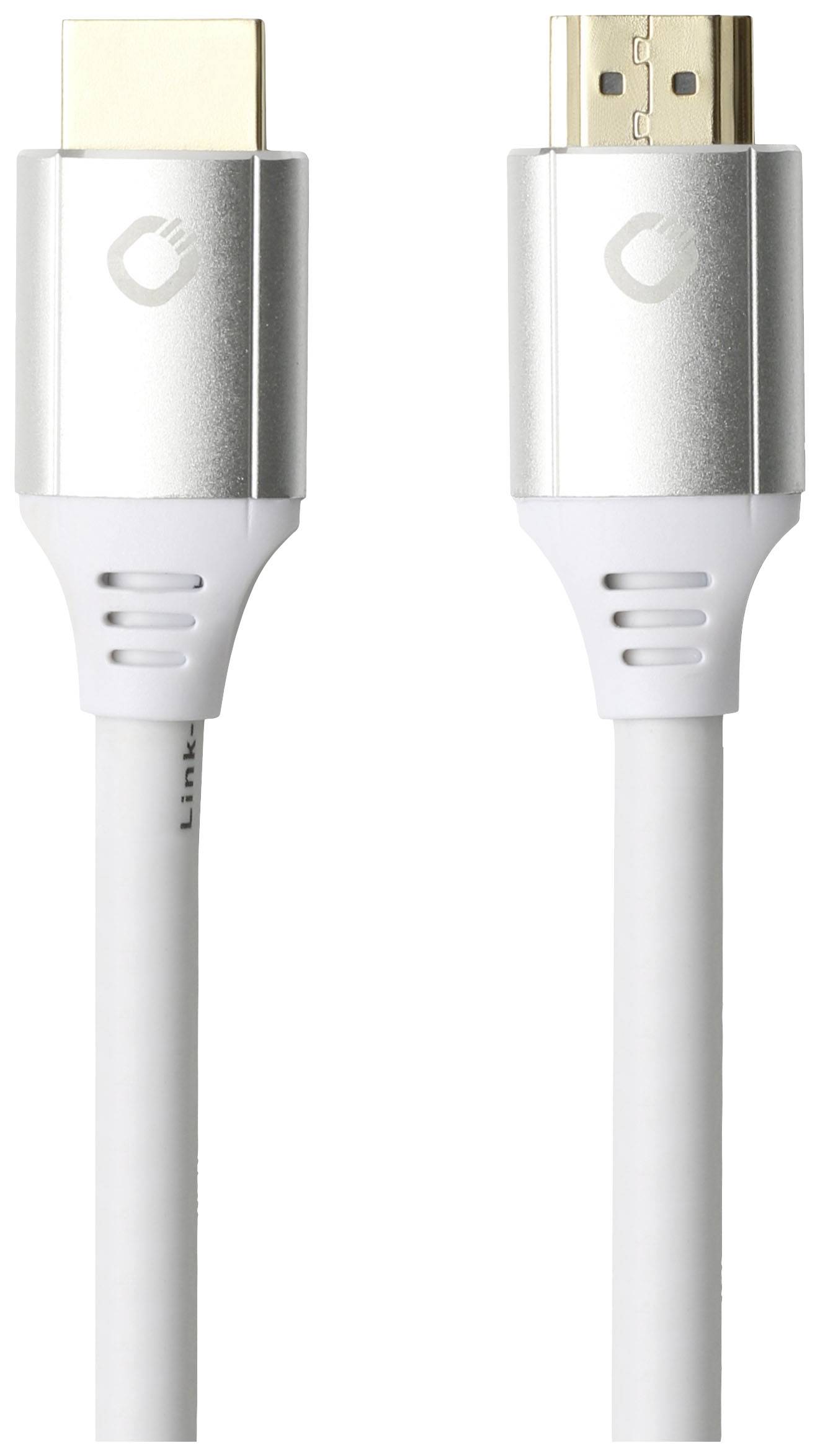 Stříbrný konektor HDMI se bílým kabelem, vhodný pro připojení audiovizuálních zařízení k monitoru nebo televizoru.
