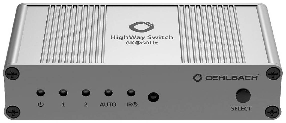 Stříbrný HDMI přepínač s nápisem 'HighWay Switch 8K@60Hz' a 'OEHLBACH', zobrazující tlačítka pro vstupy a přepínač volby.
