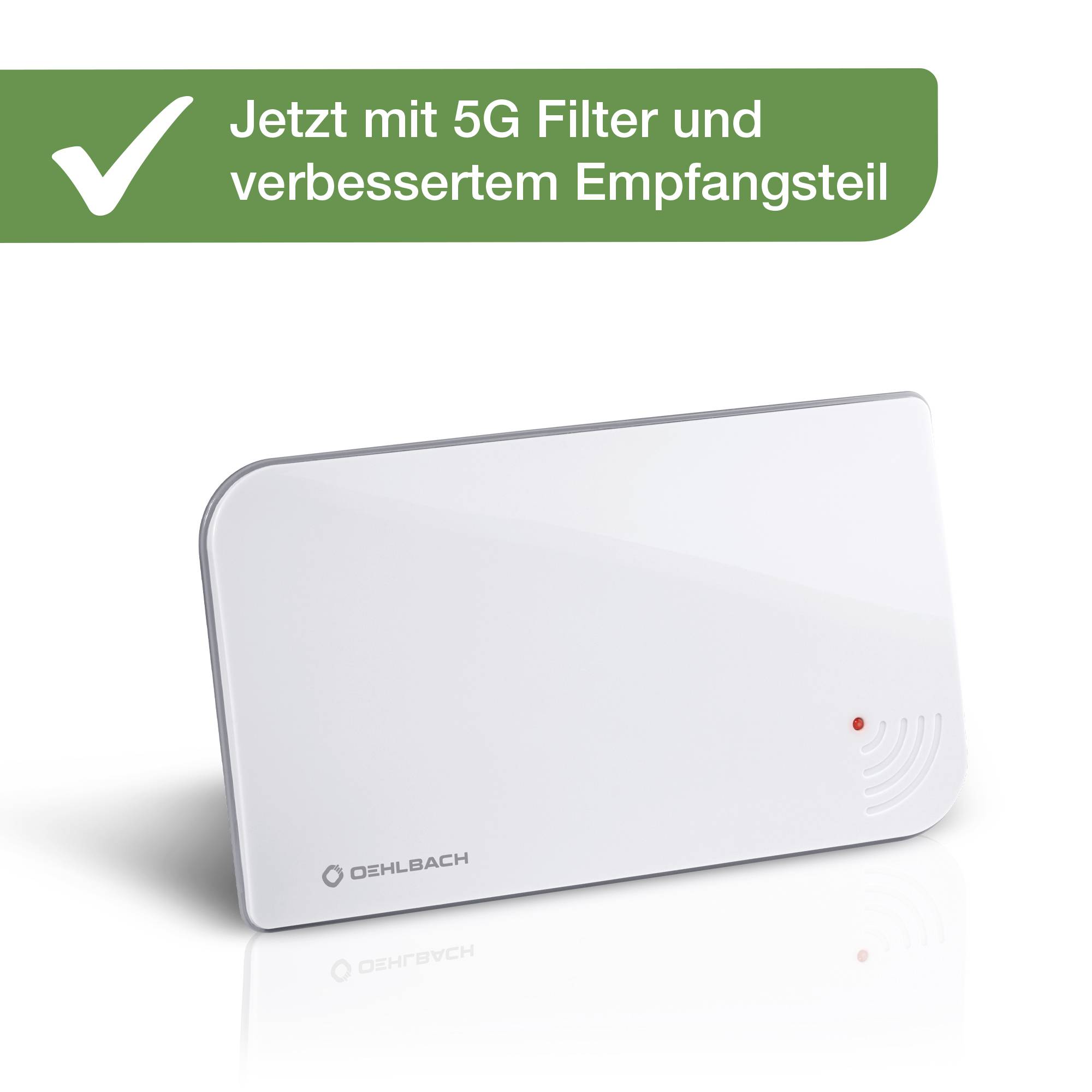 Bílý Wi-Fi repeater s textem "Nyní s 5G filtrem a vylepšenou přijímací částí" v zelené okrajové schránce s fajfkou.