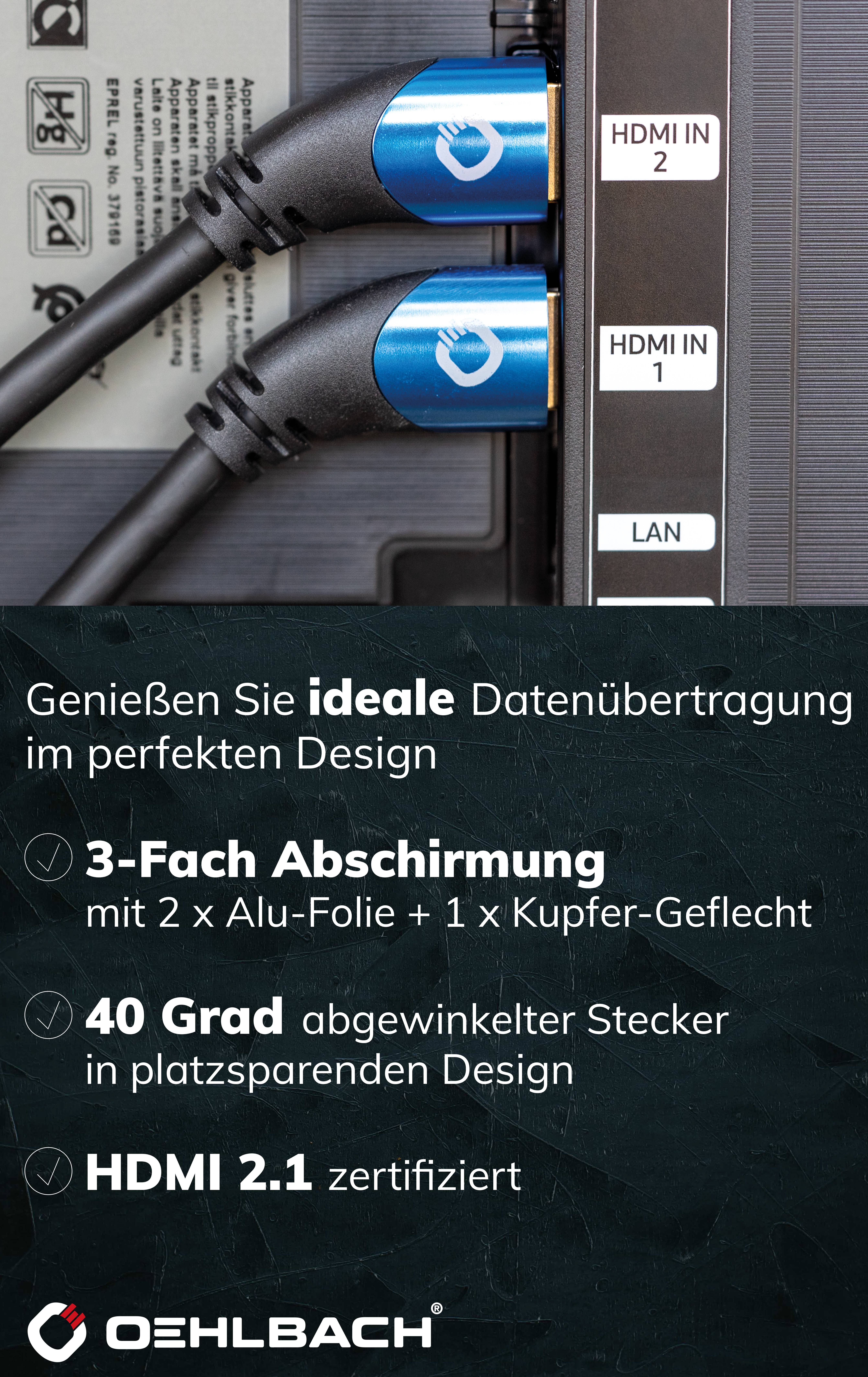 HDMI kabel od Oehlbachu s modrými konektory, připojený k zařízení. Text zdůrazňuje ideální přenos dat a design, trojitou stínění, 40stupňový úhlový konektor, certifikovaný HDMI 2.1.