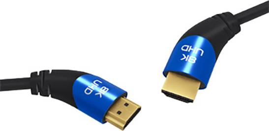 Obrázek dvou HDMI kabelů s modrými kovovými kryty a nápisem '8K UHD', které jsou nakloněné jeden k druhému.