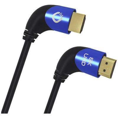 Dva černé HDMI kabely s modrými konektory, které jsou navzájem ohnuté v úhlu 90 stupňů.