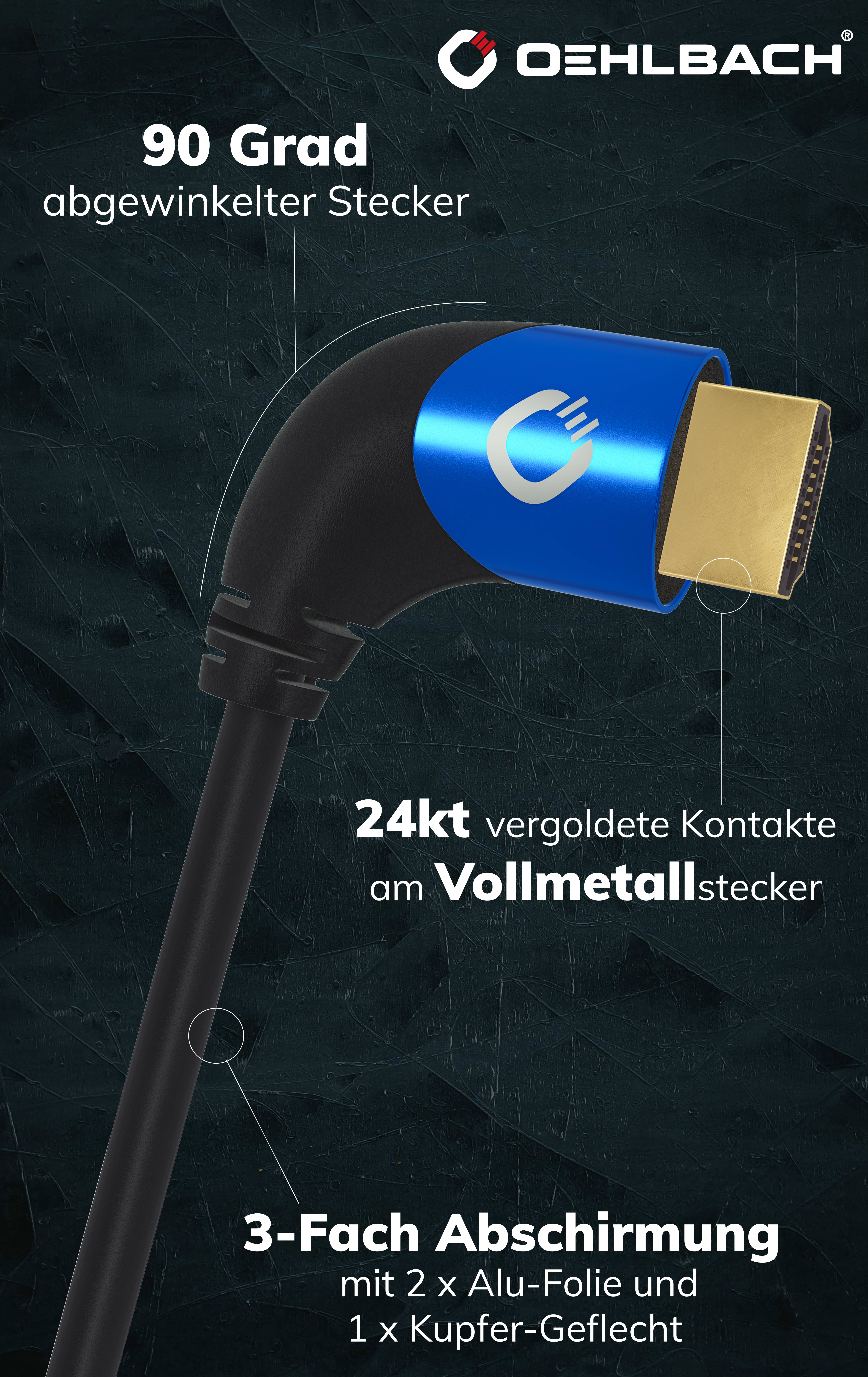 'HDMI kabel s 90stupňovým konektorem, kontakty pozlacené 24karátovým zlatem, plně kovový, trojitě stíněný: 2x hliníková fólie, 1x měděné opletení.'