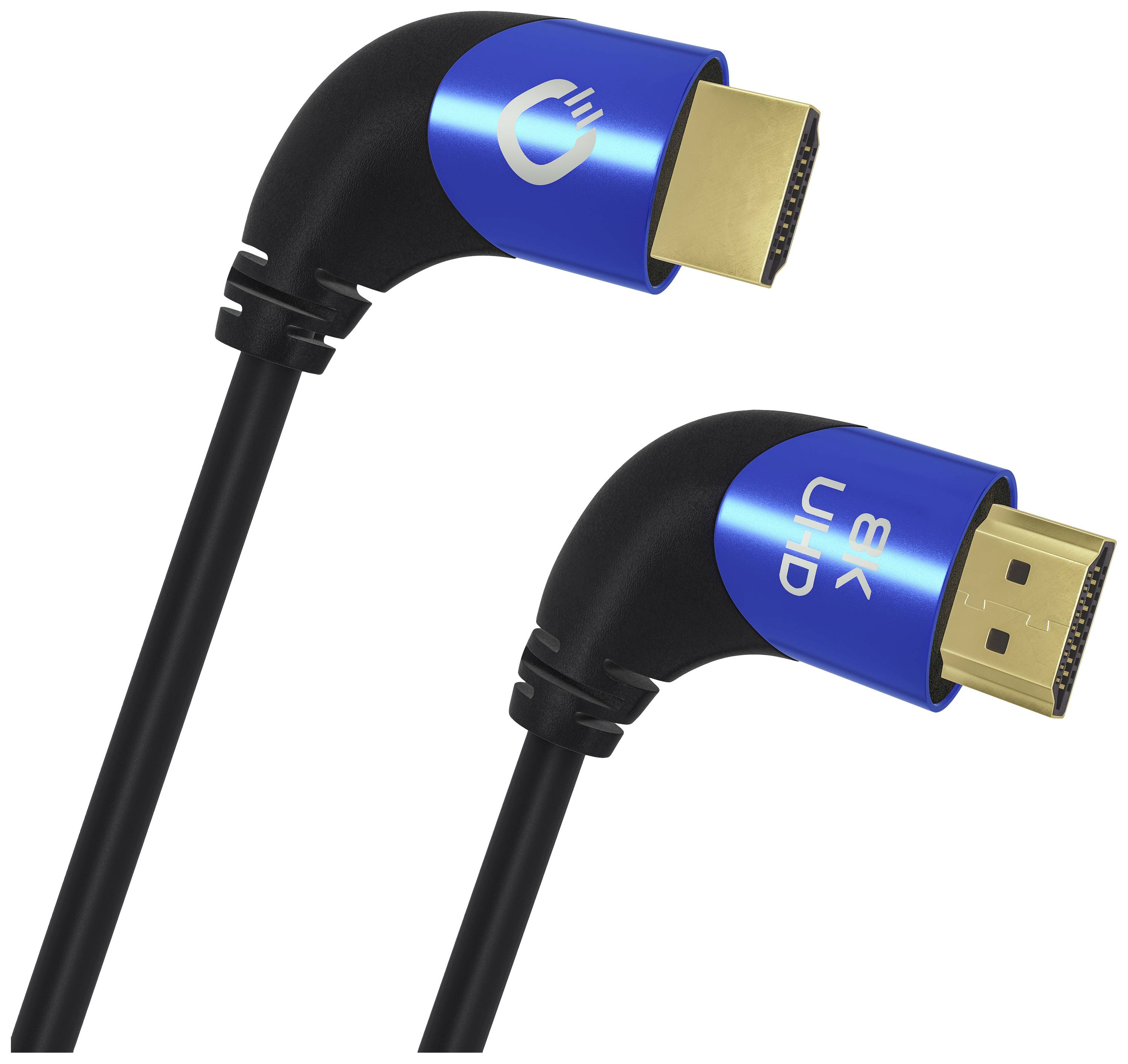Dva úhlové HDMI kabely s modrými konektory, které nesou symbol '8K UHD'. Jsou vhodné pro přenosy ve vysokém rozlišení.