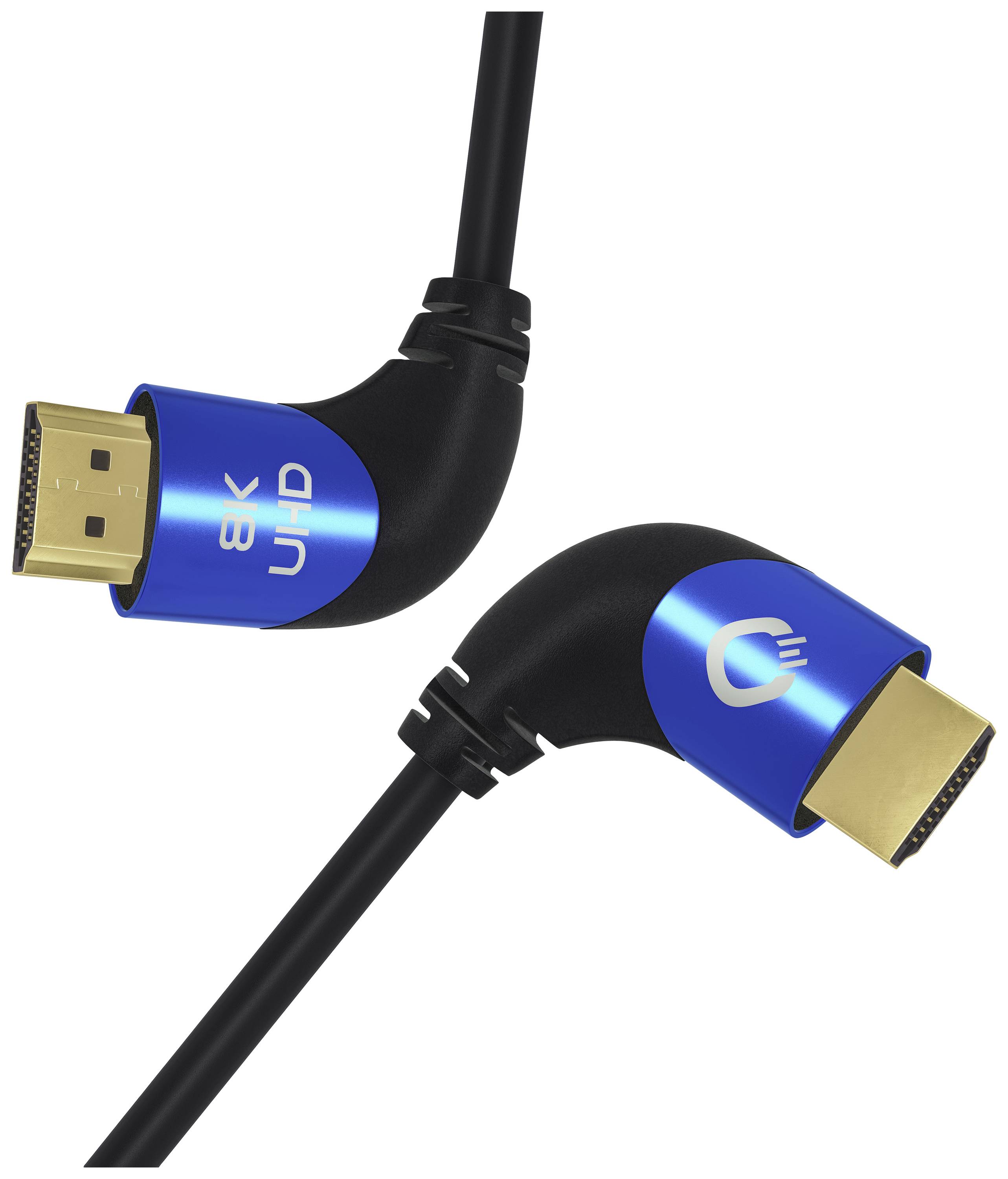 Černý HDMI kabel s modrým 90stupňovým úhlovým konektorem, vhodný pro 8K-UHD rozlišení, zobrazuje logo značky na konektoru.