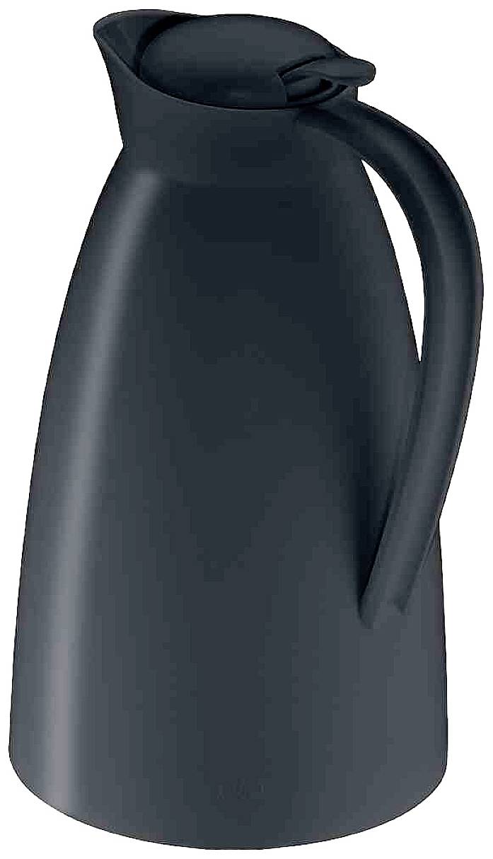 Černá, štíhlá termoska s elegantně zahnutou rukojetí a sklopným víčkem. Ideální pro servírování horkých nápojů.