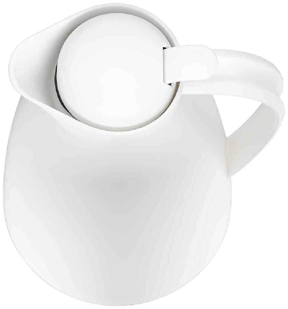 Bílý džbán s uzavřeným víkem, pohled shora. Džbán má ergonomicky tvarovanou rukojeť na pravé straně.