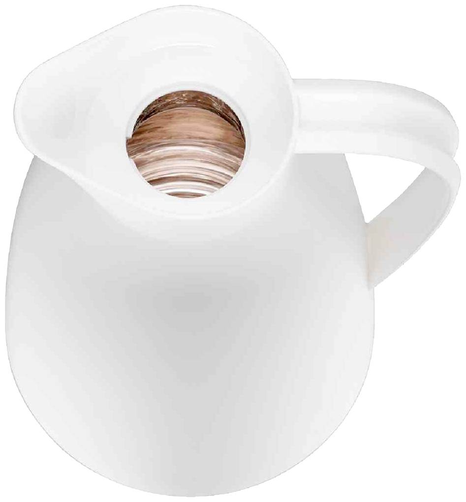 Bílý džbán s jedním uchem, pohled shora. Džbán je prázdný a vyrobený z porcelánu nebo keramiky.