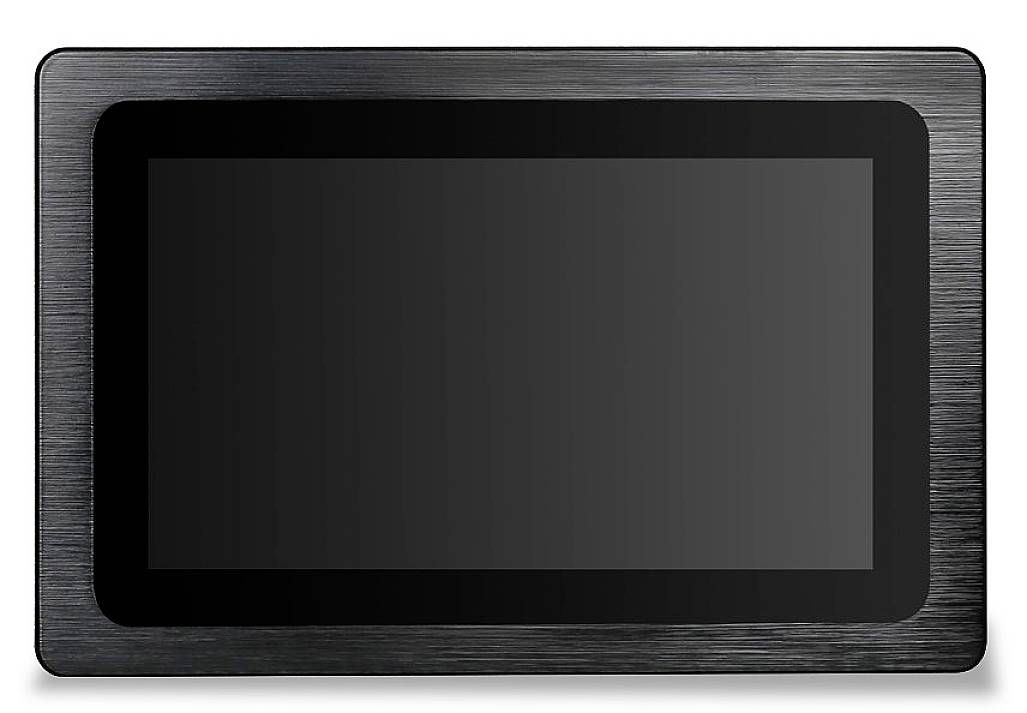 Černé, obdélníkové zařízení s velkým displejem, které vypadá jako tablet. Má tenký rámeček.