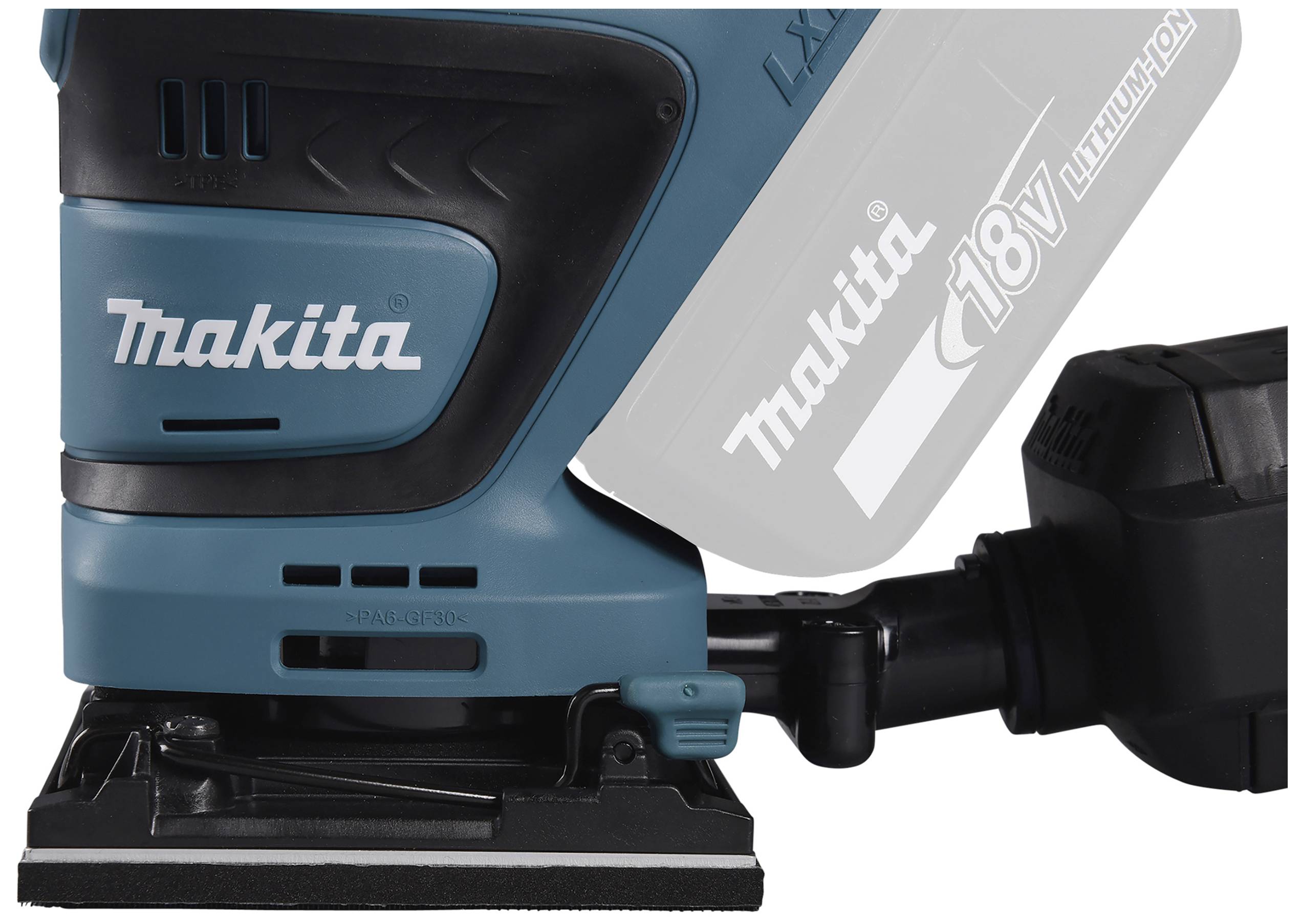 Akumulátorová bruska Makita, model 18V Lithium-Ion, v modré a černé barvě. Pohled ukazuje detail brousicí plochy a prostoru pro akumulátor.