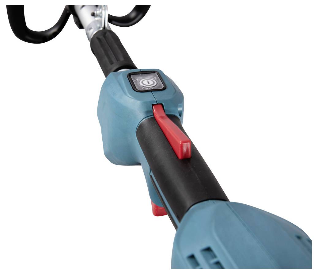 Detailní záběr rukojeti elektrického nářadí v modro-černém provedení s vypínačem a červeným spouštěčem, který poukazuje na ergonomický design úchytu.