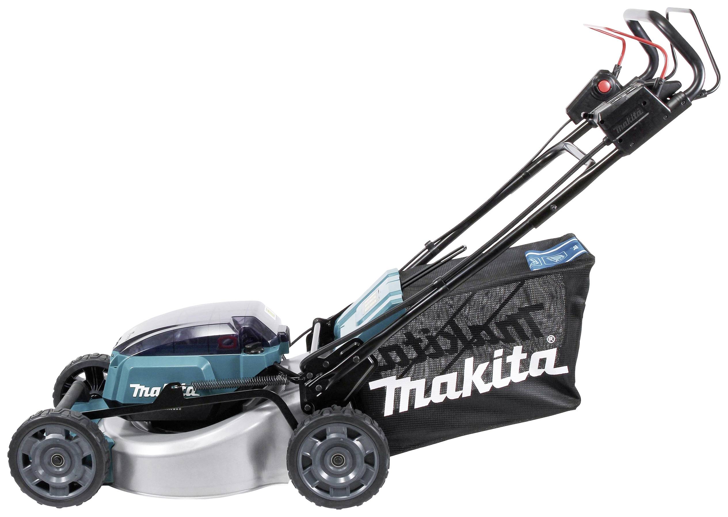 Modrý a černý sekací stroj s košem na trávu a dlouhou rukojetí pro manuální ovládání.