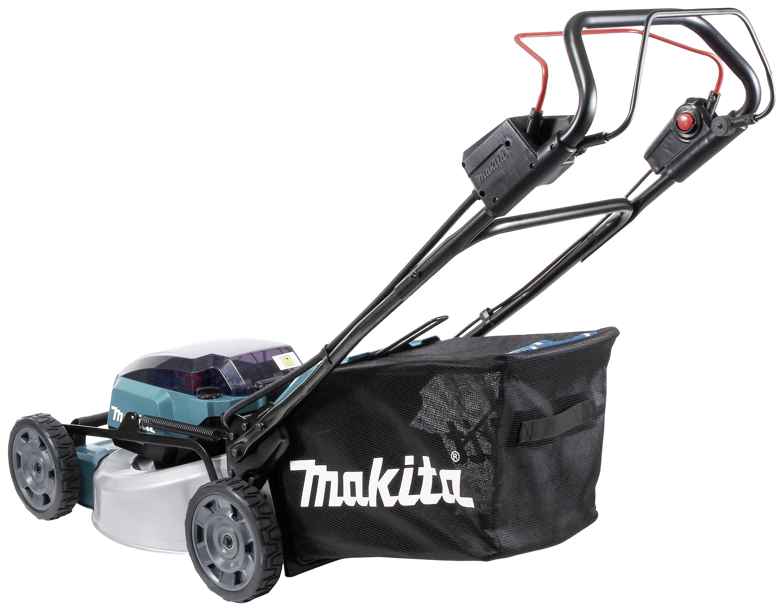 Sekačka značky Makita s černým sběrným košem a elektrickým sekacím systémem, zobrazená z bočního pohledu.
