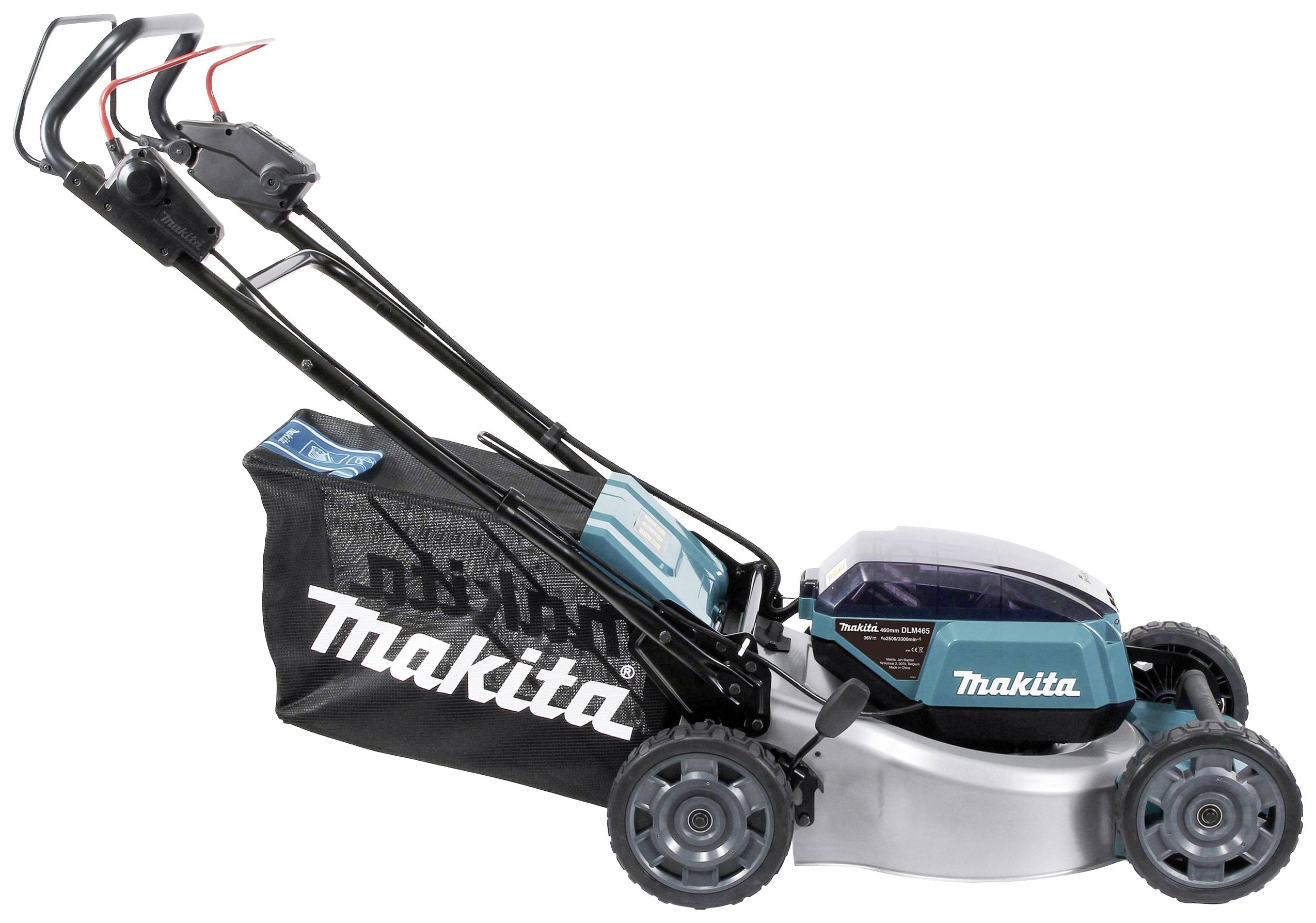 Elektrická sekačka značky Makita v černé a modré barvě s travní nádobou. Vhodná pro středně velké travnaté plochy.