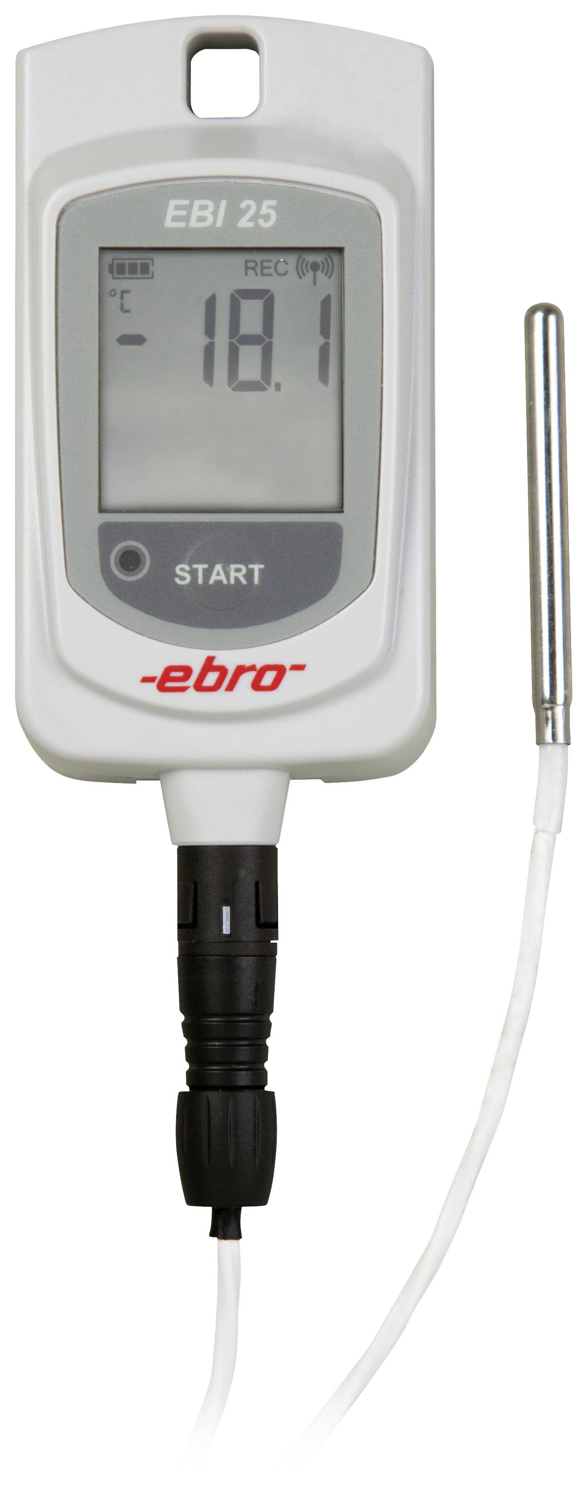 Datalogger 'EBI 25' s displejem zobrazuje teplotu -18,1°C. Stříbrný senzor připojený černým kabelem.