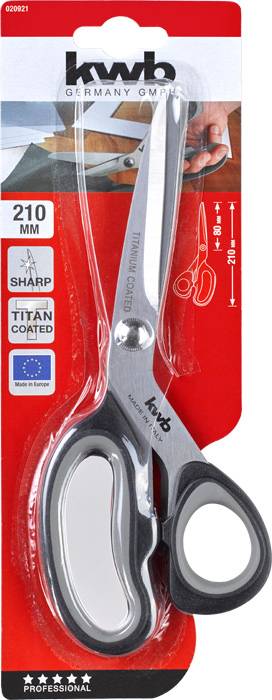 Nůžky zabalené na červeném kartónu, značka 'kwb', 210 mm, potažené titanem, pro profesionální použití, původ v EU.