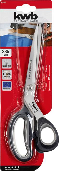 Nůžky 'Kwb Germany GMBH', délka 235 mm, potažené titanem, s ergonomickou rukojetí. Balení obsahuje evropskou certifikační značku.