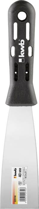 Špachtle značky INOX, s černou rukojetí a stříbrnou čepelí. Čepel je široká 40 mm. Na rukojeti je umístěno logo INOX.