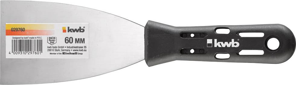 Špachtle s černou rukojetí a ocelovou čepelí, šířka 60 mm, značka 'kwb'. Ideální pro vyhlazování povrchů nebo odstraňování barvy.