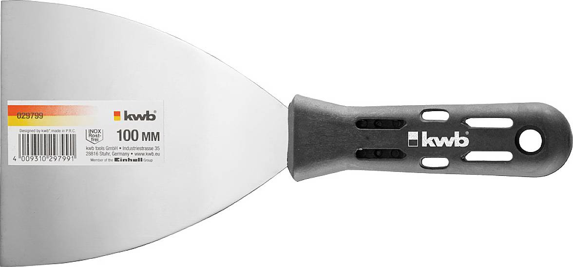 Špachtle s černou rukojetí, šířka 100 mm, značka 'kwb'. Vhodná pro vyhlazování a roztírání materiálů na plochách.