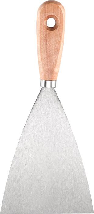 Špachtle s dřevěnou rukojetí a kulatým otvorem na konci rukojeti, stříbrná čepel; nástroj určený k vyhlazování nebo odstraňování materiálů.