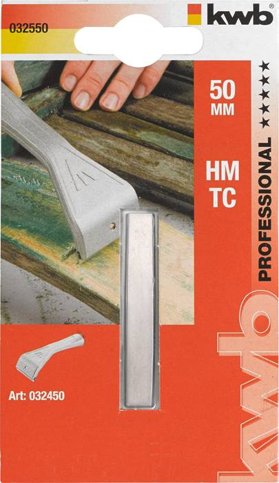 Náhradní čepel HM TC Professional 50 mm pro škrabku na barvu, typ: 032450, v oranžovém obalu s obrázkem čepele při použití.