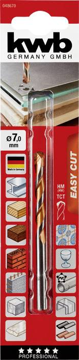 Vrták 'kwb Germany GmbH', průměr 7 mm, vhodný pro různé materiály jako dřevo, keramické obklady a cihly. Obal zobrazuje možnosti použití.