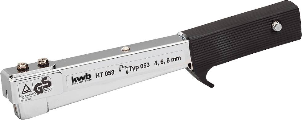 Kovový ruční sponkovač, model HT 053 od KWB, vhodný pro sponky typů 4, 6 a 8 mm.