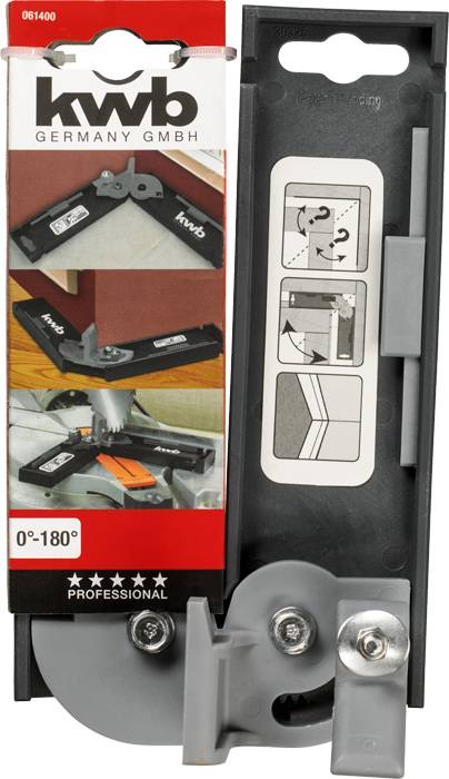 Nastavitelný úhelník společnosti KWB pro přesná měření v rozsahu 0° až 180°. Balení zobrazuje příklady použití.