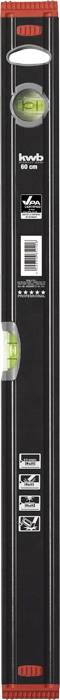 Vodováha 'Laser Tools'. Černá s červenými konci. Několik indikátorů úrovně a symbolů pro úhly a měřicí možnosti uprostřed.