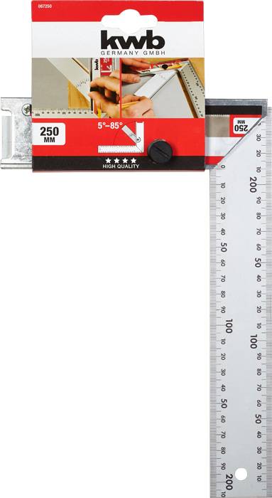 'KWB Kombiwinkel 250 mm' Úhloměr s kovovým pravítkem a úhlovou stupnicí, červený obal, měří úhly od 5 do 85 stupňů.