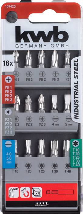 Sada 16 šroubovacích bitů od kwb Germany GMBH. Obsahuje různé velikosti PH a PZ, vyrobené z vysoce kvalitní oceli.
