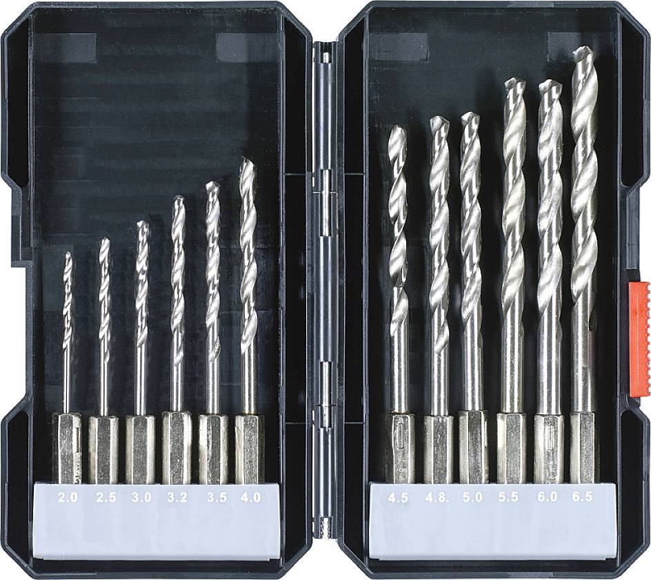 Sada 14 kovových vrtáků, seřazených podle velikosti od 2,0 mm do 6,5 mm, v otevřené černé plastové krabici.