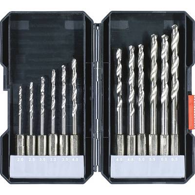 Sada 14 kovových vrtáků, seřazených podle velikosti od 2,0 mm do 6,5 mm, v otevřené černé plastové krabici.