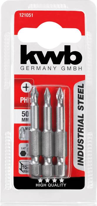 Sada tří šroubovacích bitů značky 'kwb Germany GmbH', délka 50 mm, pro Phillips šrouby.