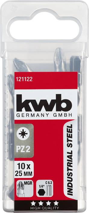 Sada vrtacích bitů 'kwb Germany GmbH', typ PZ2, 10 kusů po 25 mm, průmyslová ocel, pro šrouby MGR a 1/4" držák.