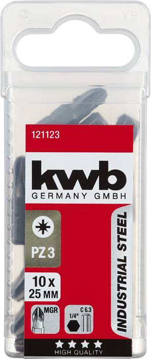 Balení od kwb Germany GmbH obsahující 10 kusů bitů PZ3 z průmyslové oceli, 25 mm dlouhých, vysoké kvality, číslo produktu 121123.