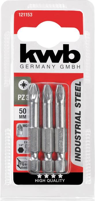 Tři šroubovací bity PZ3 z průmyslové oceli, 50 mm dlouhé, balené v plastu. Nahoře 'kwb Germany GmbH', dole 'High Quality'.